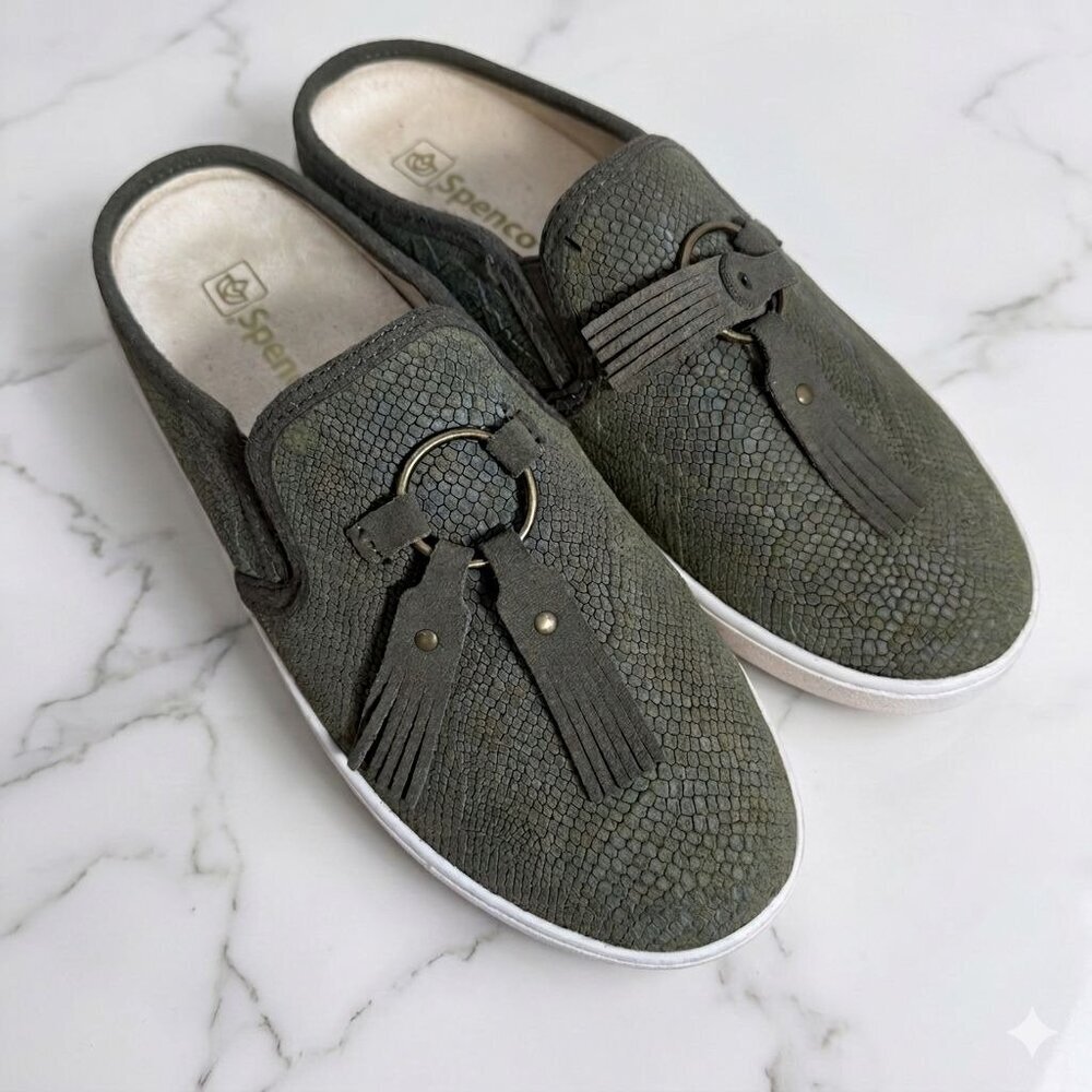 Spenco Bindie Orthotic Olive Green Tassel Mule Sneakers Comfort Slip On  Sz 7B